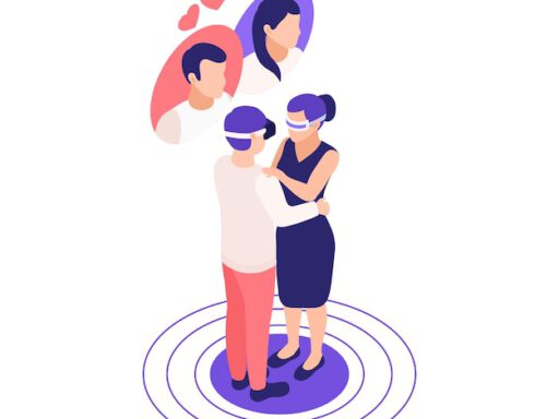 virtual relationships online dating isometric composition with embracing couple wearing vr glasses illustration 1284 64068